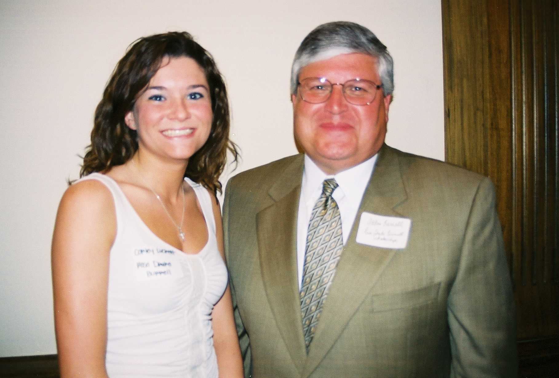 Photo: The Madison Foundation recently made a $25,000 grant to Delta State University in memory of Cleveland native, Allen Burrell (right). Corley Luckett Mullins, a 2010 graduate of Delta State, received the Allen and Rose Drake Burrell Scholarship in 2003 and visited with Allen at a scholarship reception in 2003. 